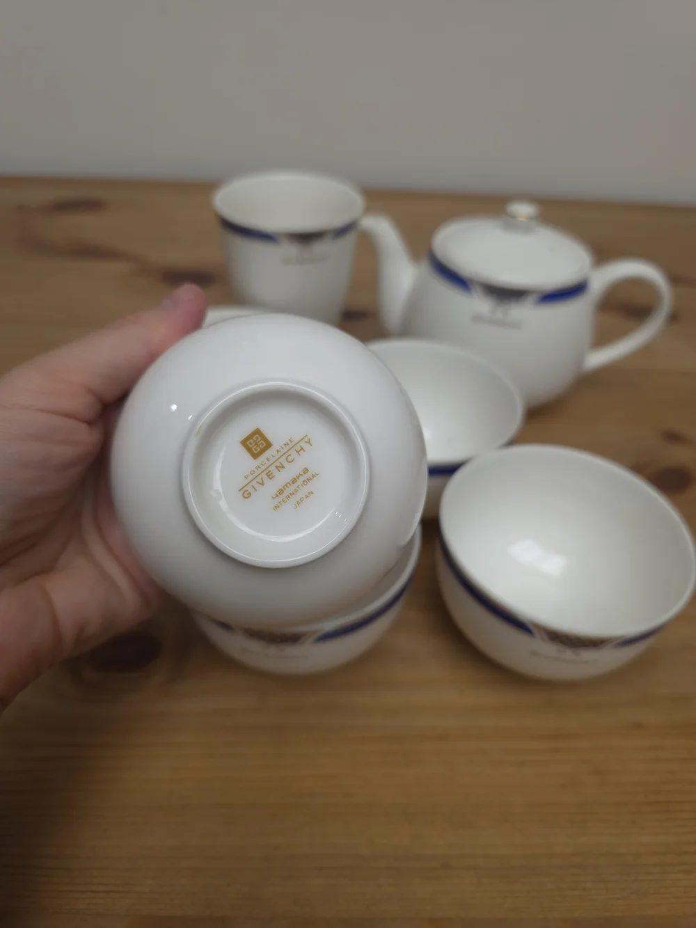 Givenchy White Porcelain Tea Set with Blue and Gold Accents